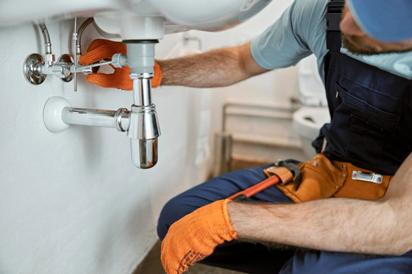 A man in overalls diligently repairing a sink with focused concentration and handy tools nearby.